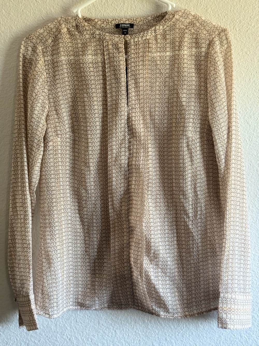 Express Cream and Brown Geometric Print Long Sleeve Top